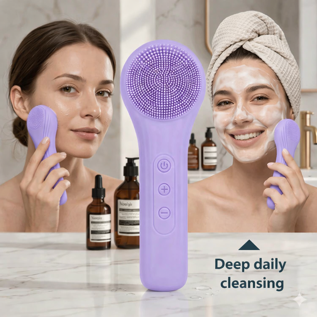 GlowAura – Electric Facial Cleansing Brush with Sonic Vibration & IPX7 Waterproof Design